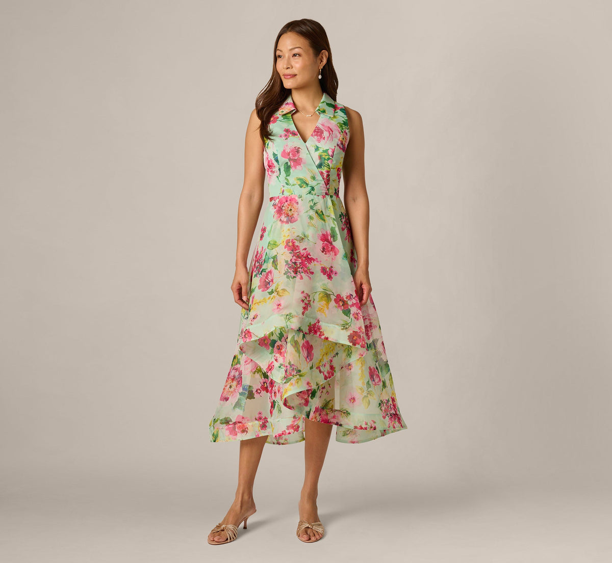 Collared Floral Organza High Low Midi Dress - Mint Multi | Adrianna Papell