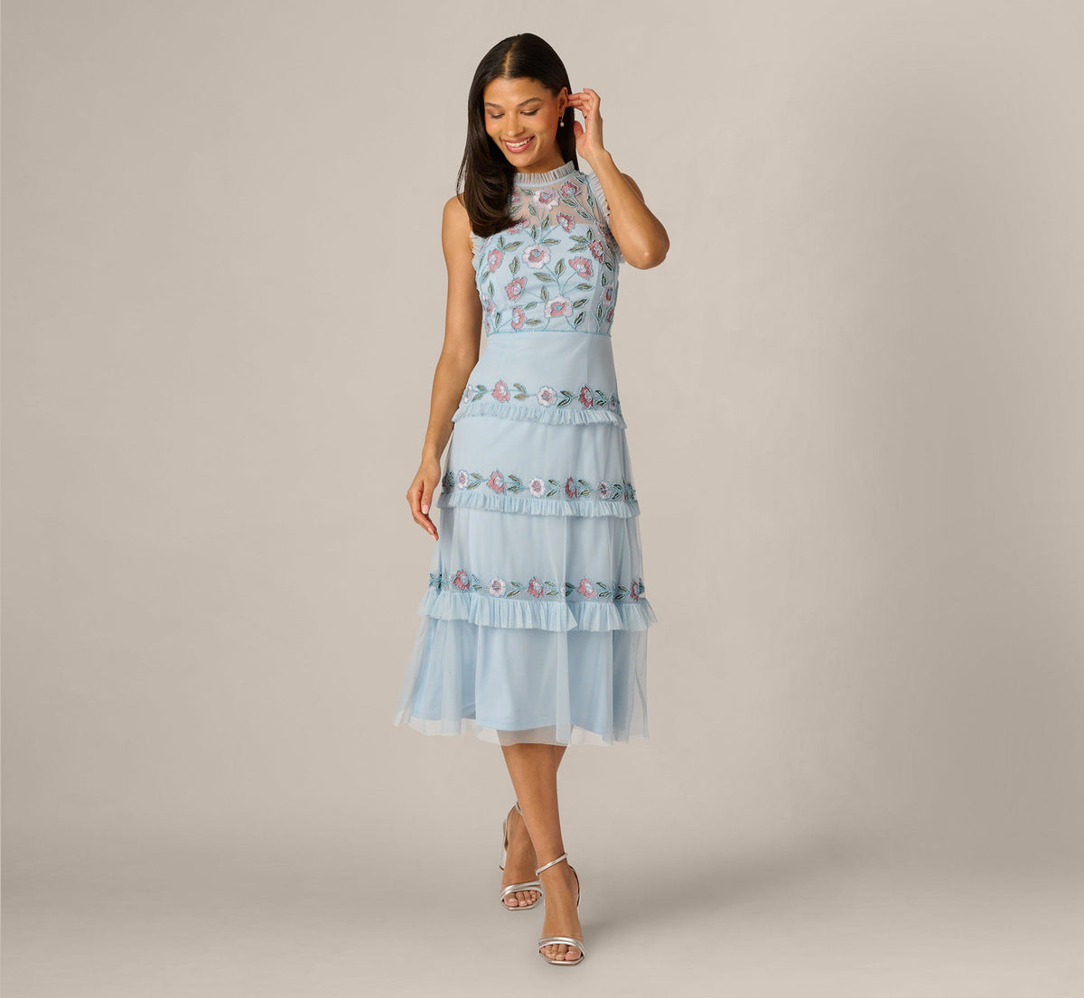 Sleeveless Floral Beaded Embroidery Ruffle Midi Dress - Elegant Sky Multi | Adrianna Papell