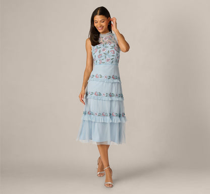 Sleeveless Floral Beaded Embroidery Ruffle Midi Dress - Elegant Sky Multi | Adrianna Papell