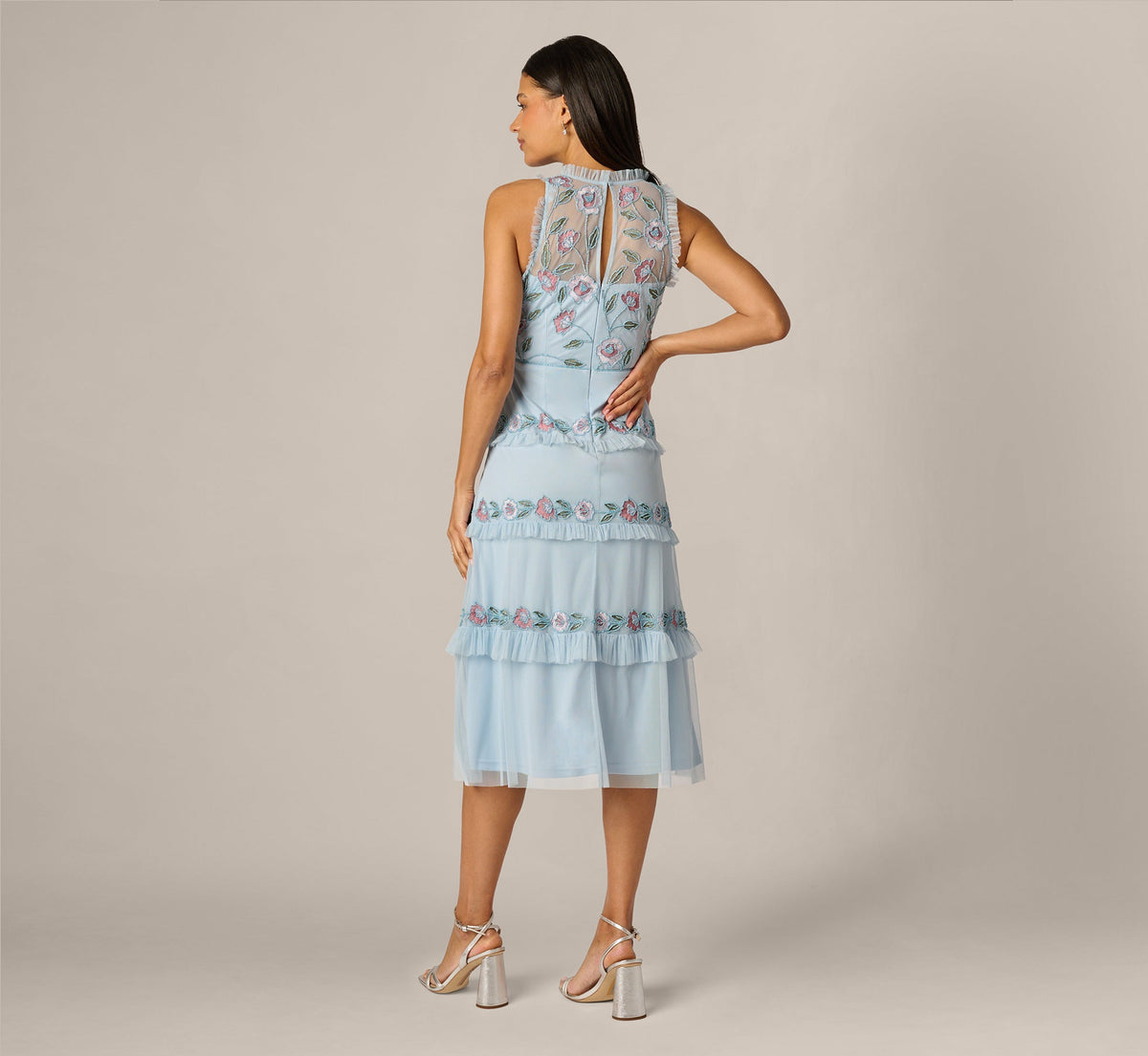 Sleeveless Floral Beaded Embroidery Ruffle Midi Dress - Elegant Sky Multi | Adrianna Papell