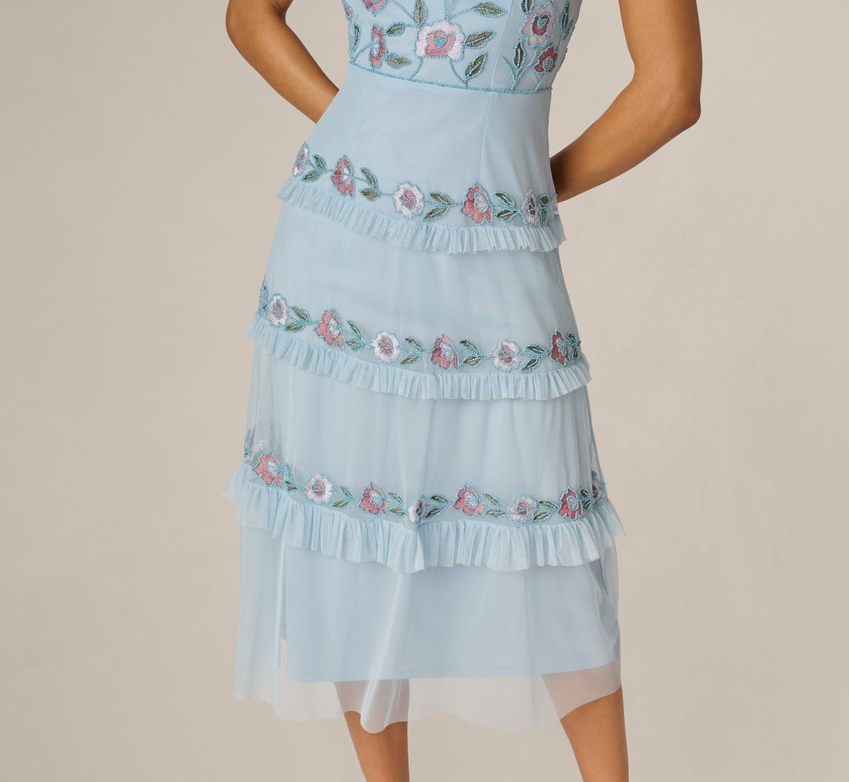 Sleeveless Floral Beaded Embroidery Ruffle Midi Dress - Elegant Sky Multi | Adrianna Papell