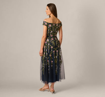 Off Shoulder Floral Beaded Ankle Length Dress - Navy Blush | Adrianna Papell