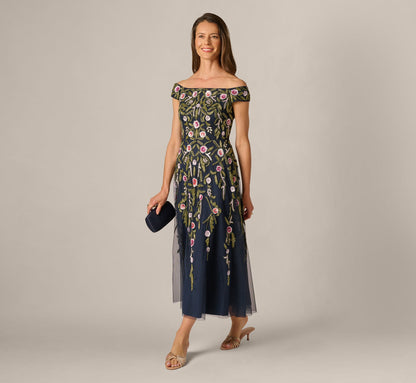 Off Shoulder Floral Beaded Ankle Length Dress - Navy Blush | Adrianna Papell