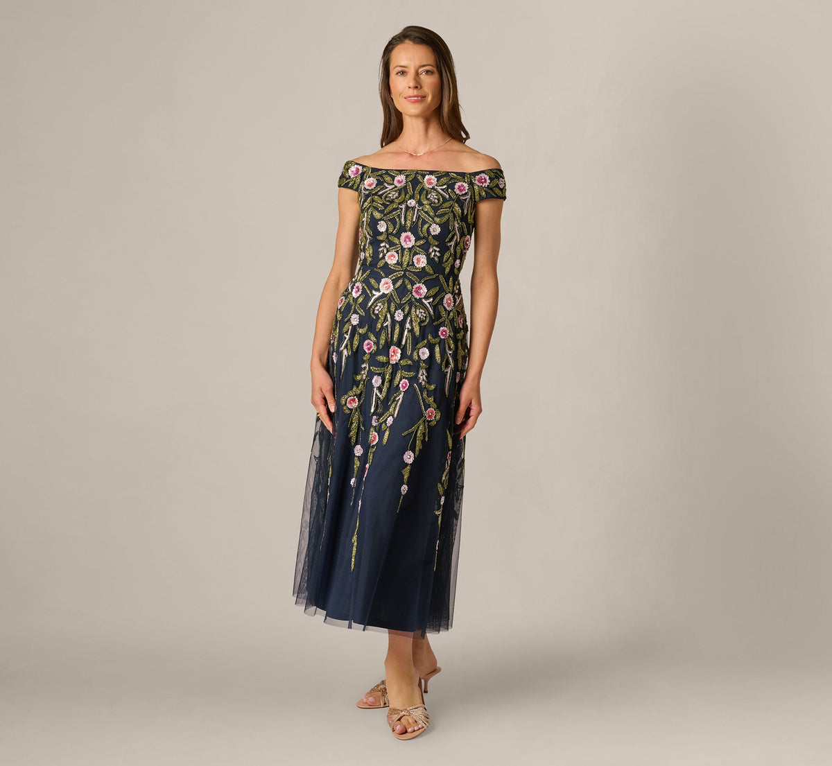 Off Shoulder Floral Beaded Ankle Length Dress - Navy Blush | Adrianna Papell