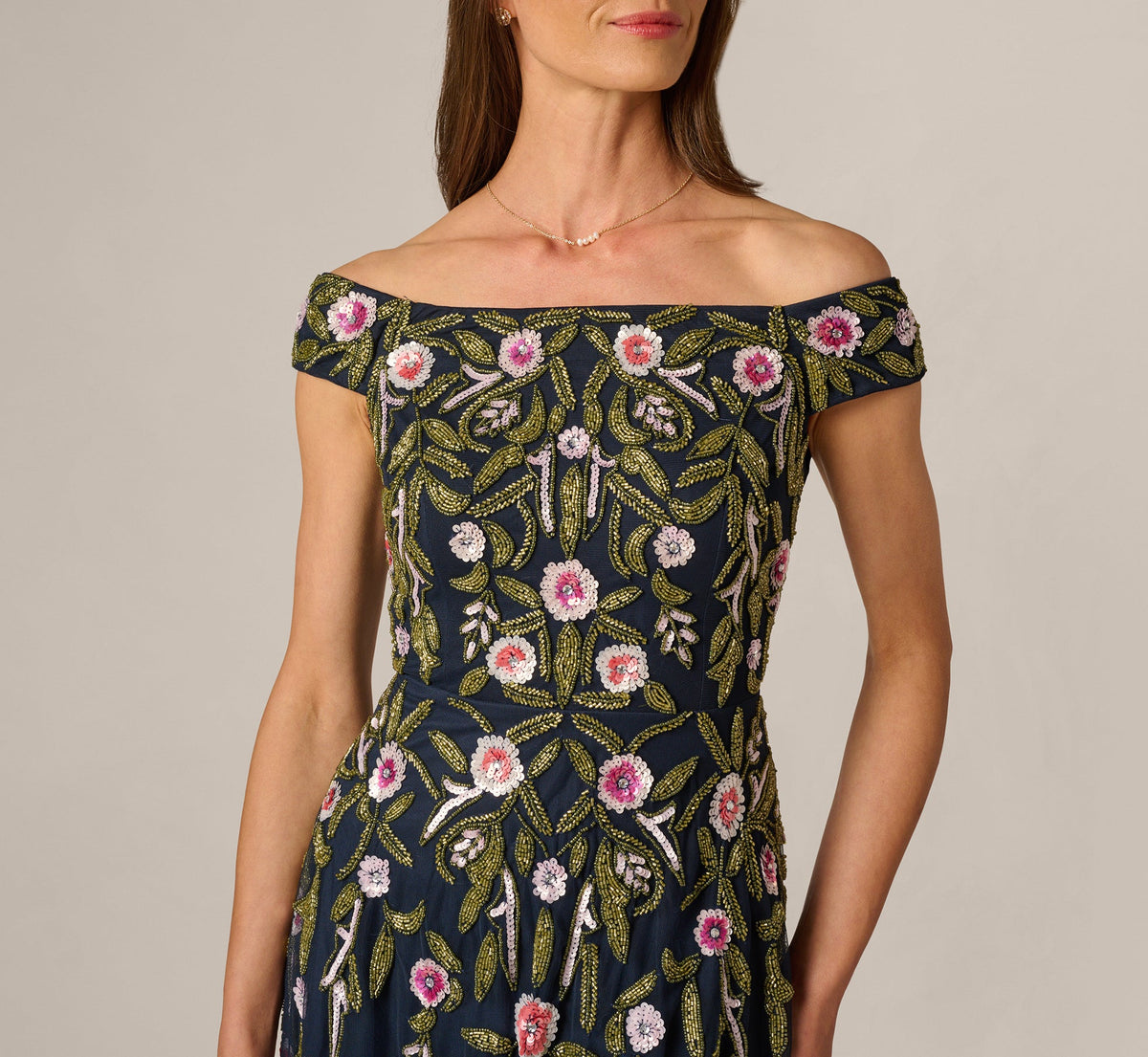 Off Shoulder Floral Beaded Ankle Length Dress - Navy Blush | Adrianna Papell