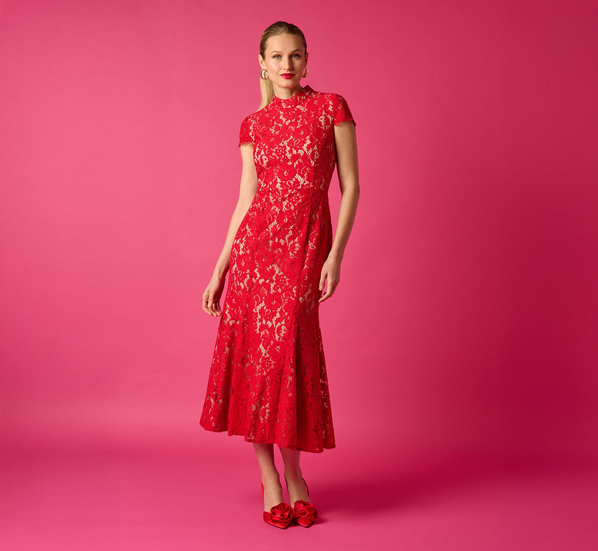 Cap Sleeve Lace Midi Dress - Red Nude | Adrianna Papell