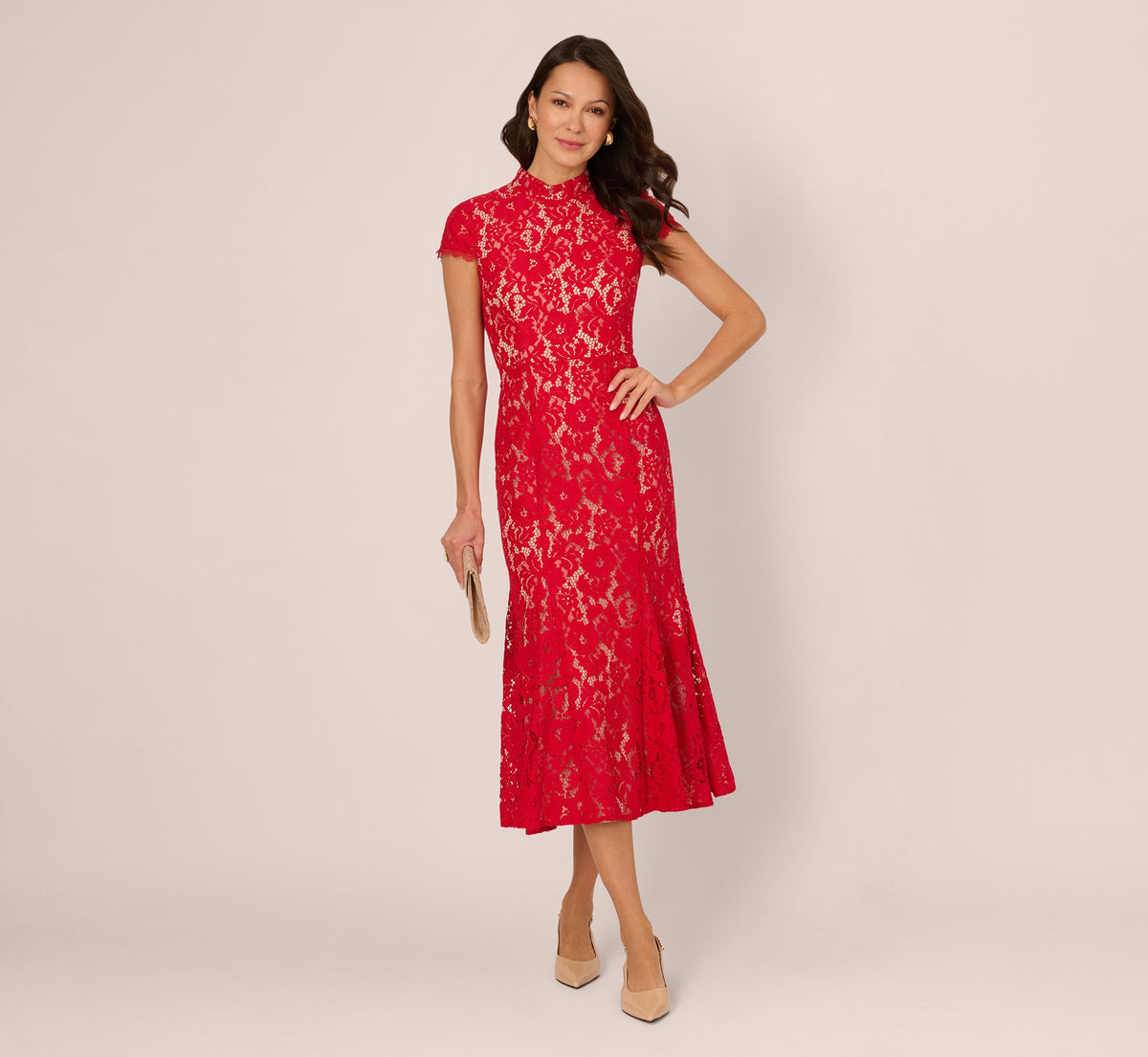 Cap Sleeve Lace Midi Dress - Red Nude | Adrianna Papell