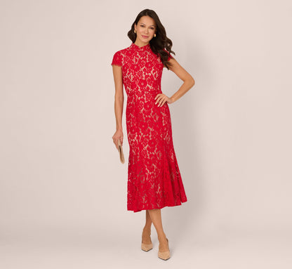 Cap Sleeve Lace Midi Dress - Red Nude | Adrianna Papell