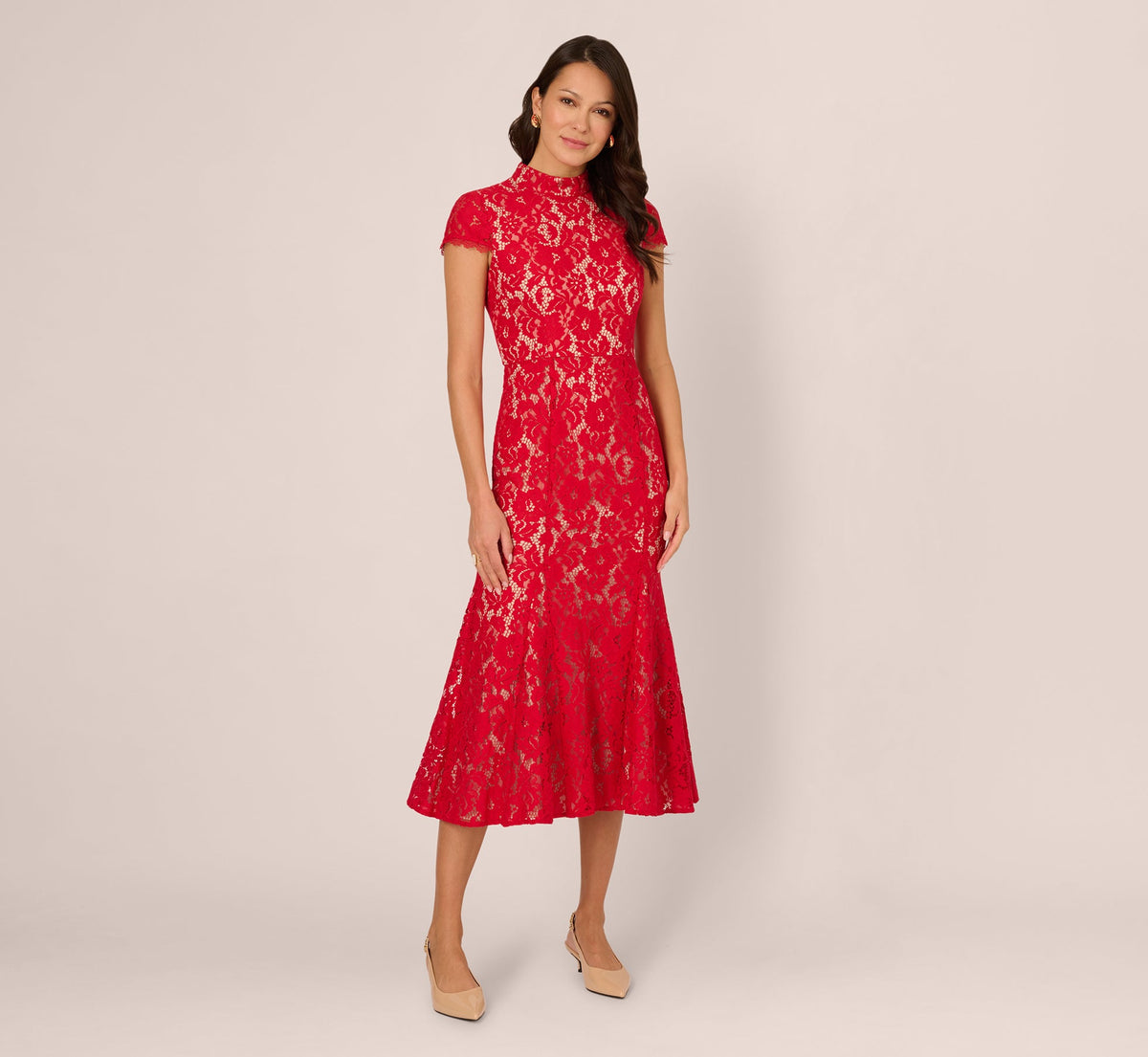 Cap Sleeve Lace Midi Dress - Red Nude | Adrianna Papell