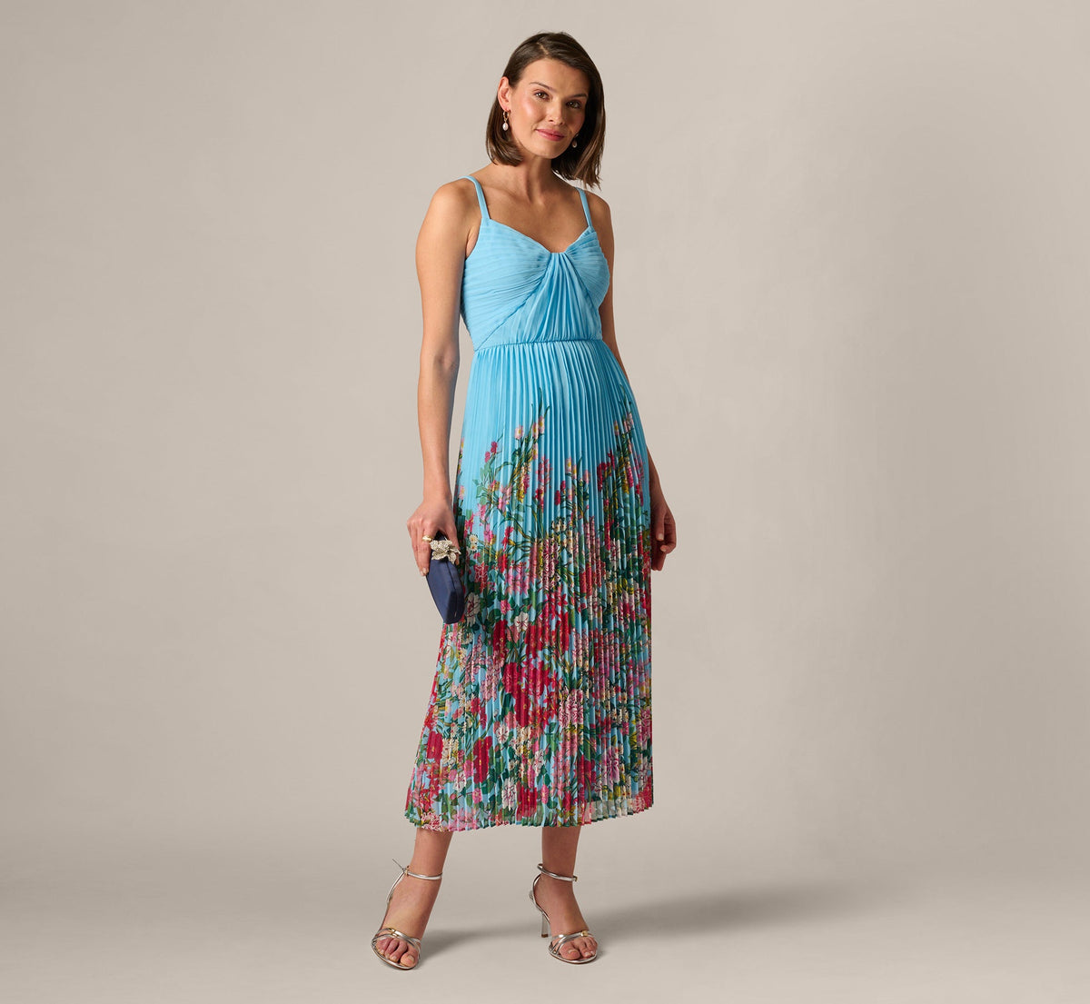 Pleated Wildflower Border Midi Dress - Light Blue Multi | Adrianna Papell