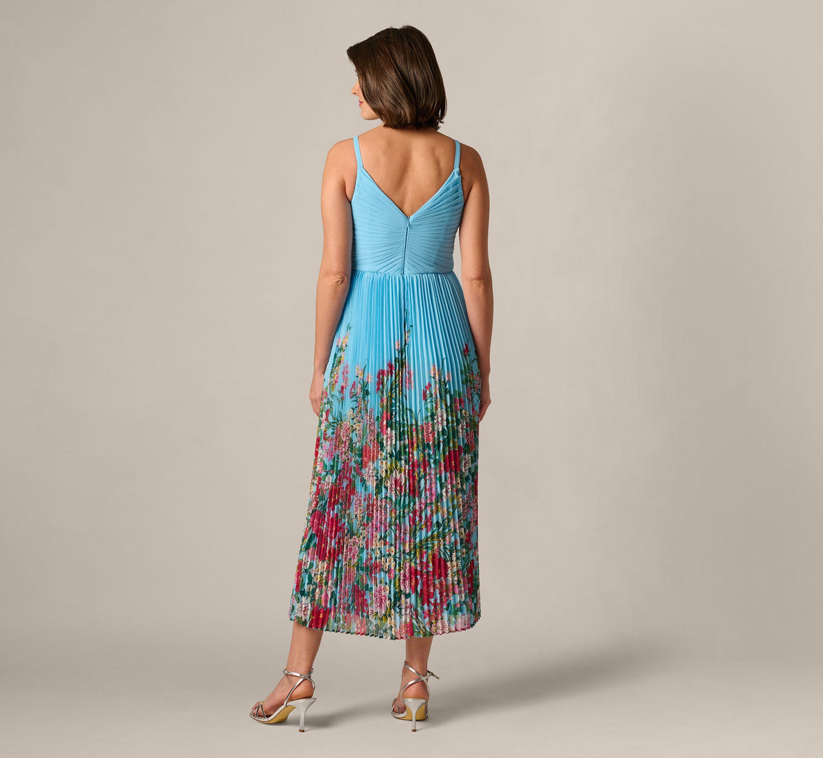 Pleated Wildflower Border Midi Dress - Light Blue Multi | Adrianna Papell