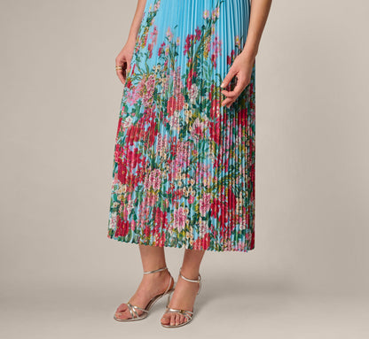 Pleated Wildflower Border Midi Dress - Light Blue Multi | Adrianna Papell
