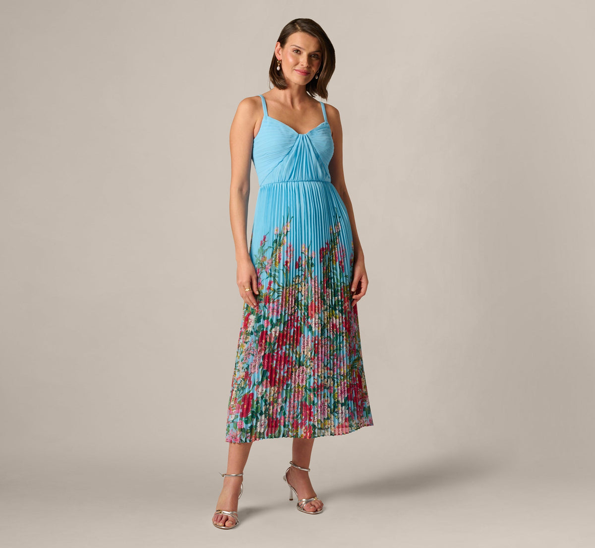 Pleated Wildflower Border Midi Dress - Light Blue Multi | Adrianna Papell