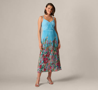 Pleated Wildflower Border Midi Dress - Light Blue Multi | Adrianna Papell