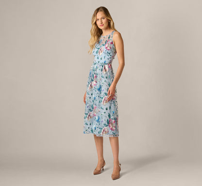 Sequin Beaded Floral Embroidery Illusion Midi Dress - Blue Multi | Adrianna Papell