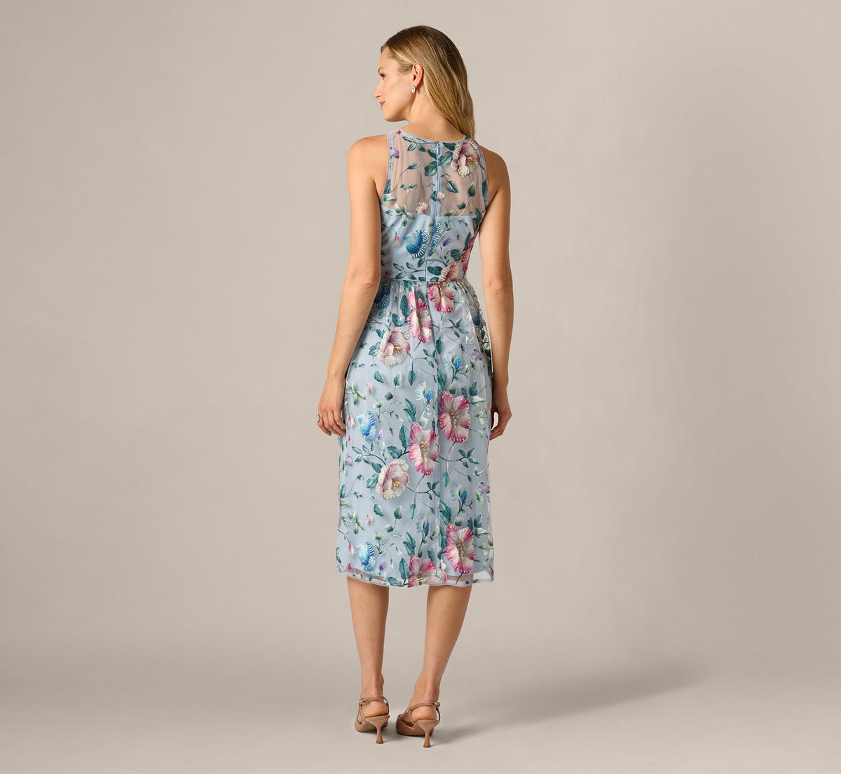 Sequin Beaded Floral Embroidery Illusion Midi Dress - Blue Multi | Adrianna Papell