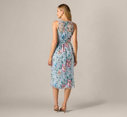 Sequin Beaded Floral Embroidery Illusion Midi Dress - Blue Multi | Adrianna Papell