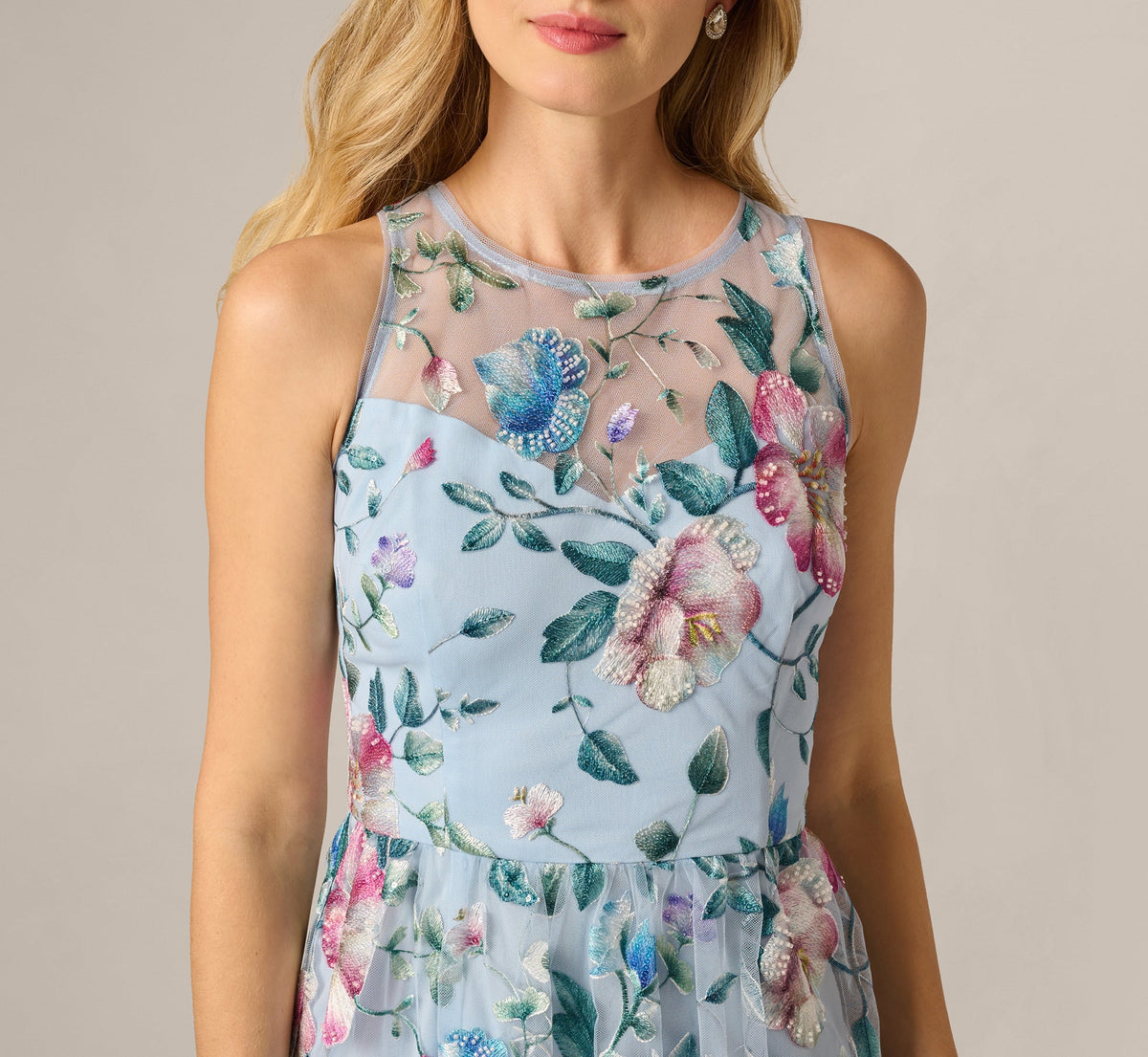 Sequin Beaded Floral Embroidery Illusion Midi Dress - Blue Multi | Adrianna Papell