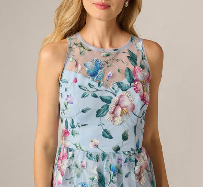 Sequin Beaded Floral Embroidery Illusion Midi Dress - Blue Multi | Adrianna Papell