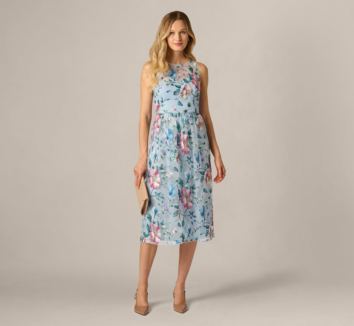Sequin Beaded Floral Embroidery Illusion Midi Dress - Blue Multi | Adrianna Papell