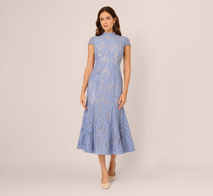 Cap Sleeve Lace Midi Dress - French Blue Nude | Adrianna Papell