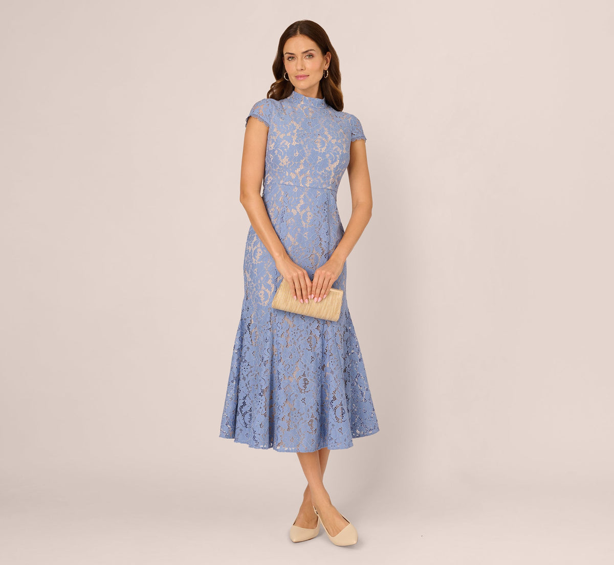 Cap Sleeve Lace Midi Dress - French Blue Nude | Adrianna Papell