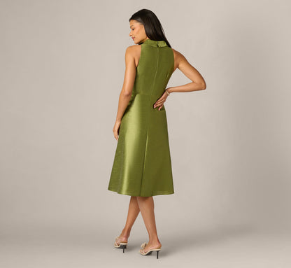 Dupioni Collared Tie Front A Line Midi Dress - Olive | Adrianna Papell