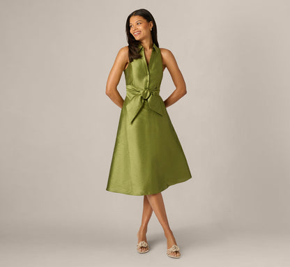 Dupioni Collared Tie Front A Line Midi Dress - Olive | Adrianna Papell