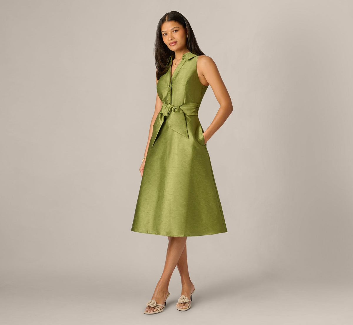 Dupioni Collared Tie Front A Line Midi Dress - Olive | Adrianna Papell