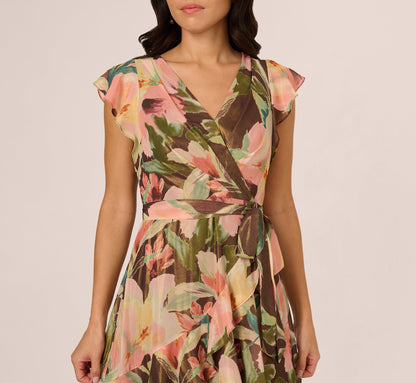 Flutter Sleeve High Low Midi Wrap Dress - Brown Multi | Adrianna Papell