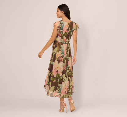 Flutter Sleeve High Low Midi Wrap Dress - Brown Multi | Adrianna Papell
