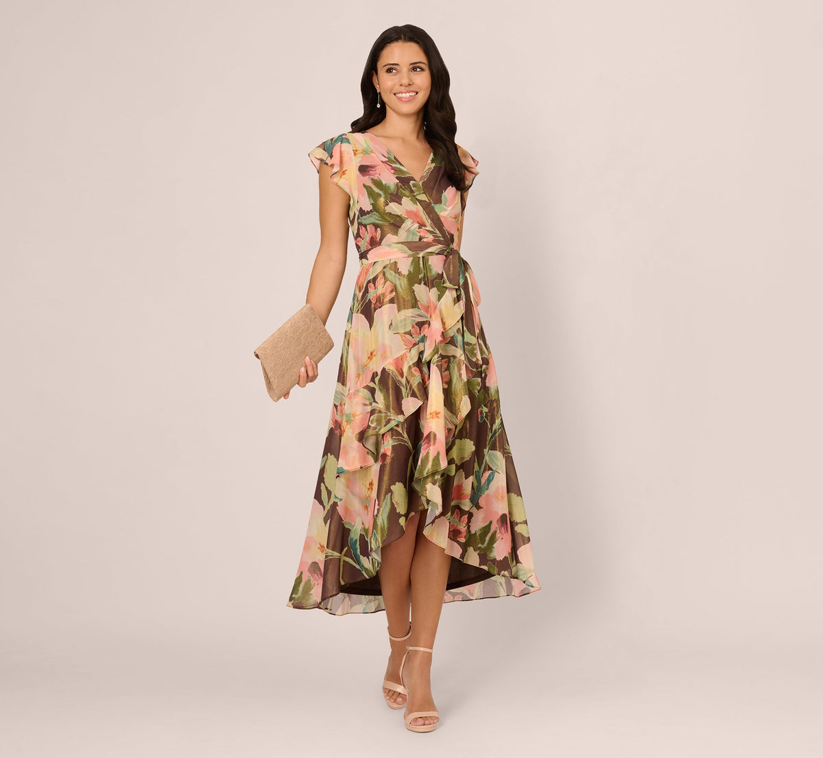 Flutter Sleeve High Low Midi Wrap Dress - Brown Multi | Adrianna Papell