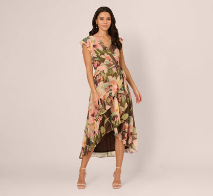 Flutter Sleeve High Low Midi Wrap Dress - Brown Multi | Adrianna Papell
