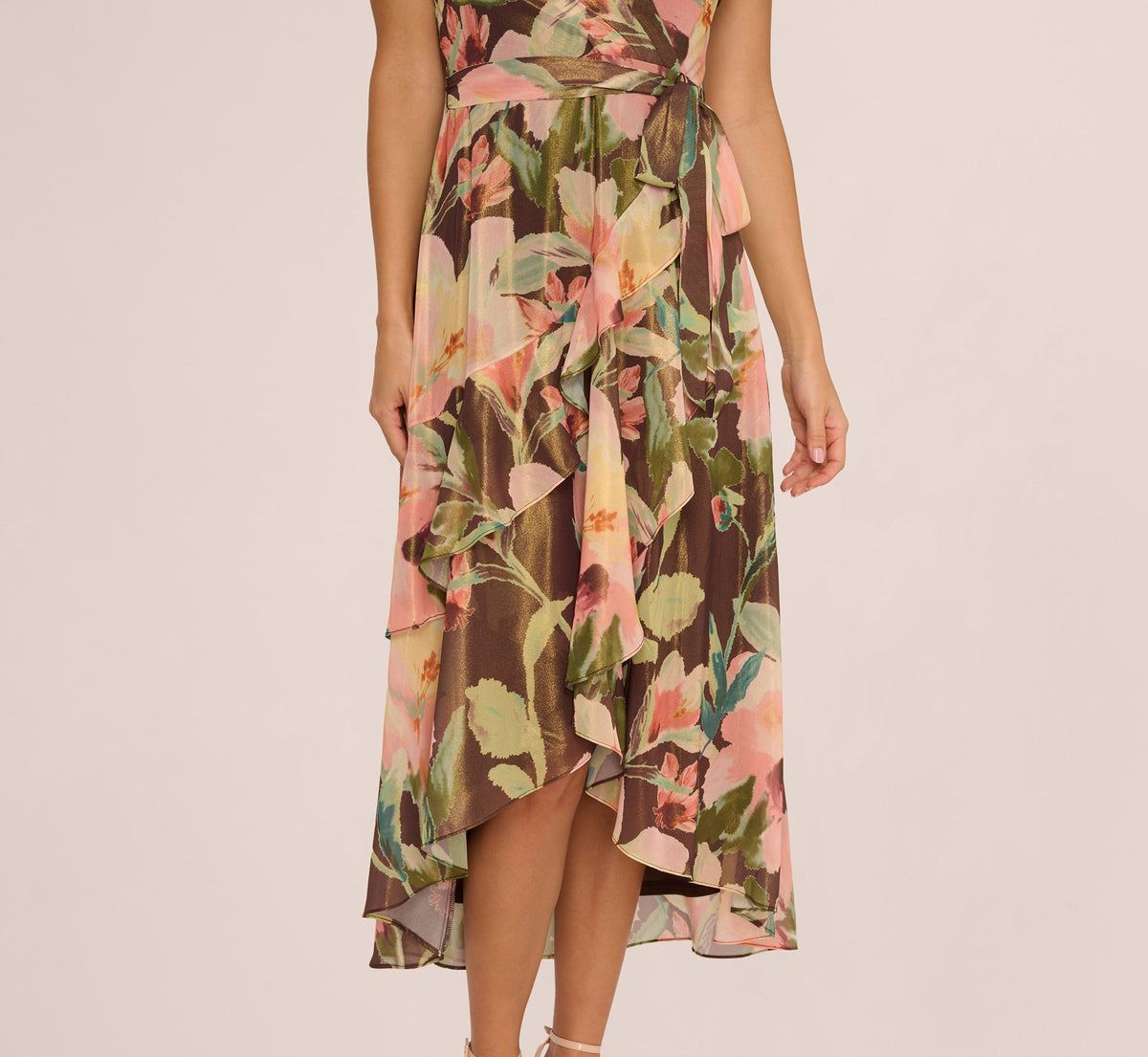 Flutter Sleeve High Low Midi Wrap Dress - Brown Multi | Adrianna Papell