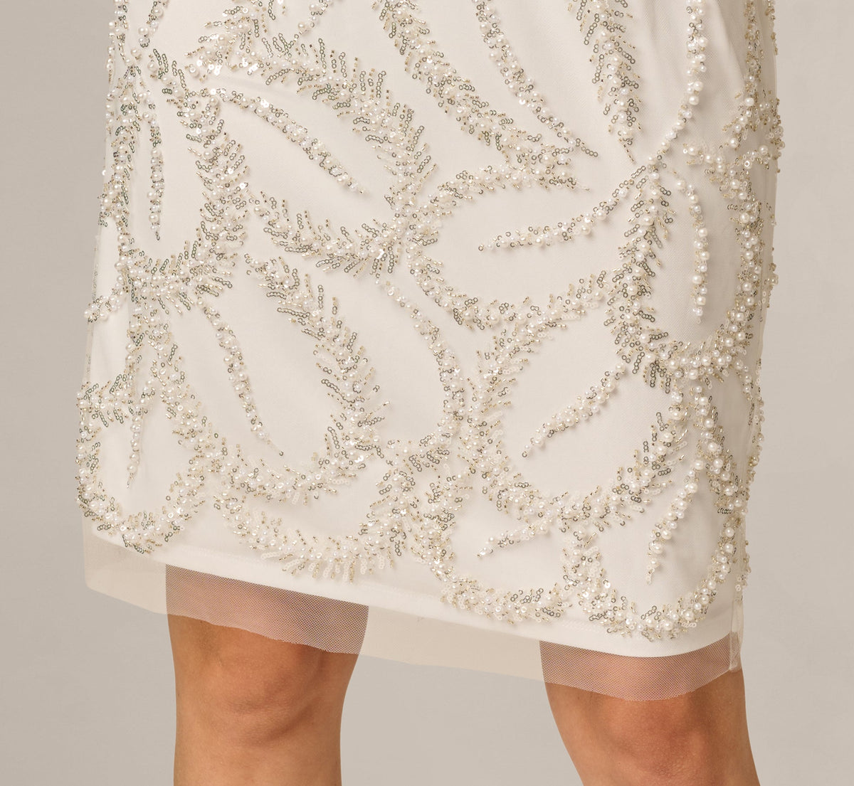Off Shoulder Feather Pearly Sequin Beaded Sheath Dress - Ivory | Adrianna Papell