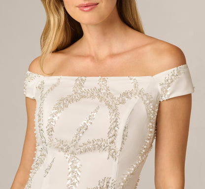 Off Shoulder Feather Pearly Sequin Beaded Sheath Dress - Ivory | Adrianna Papell