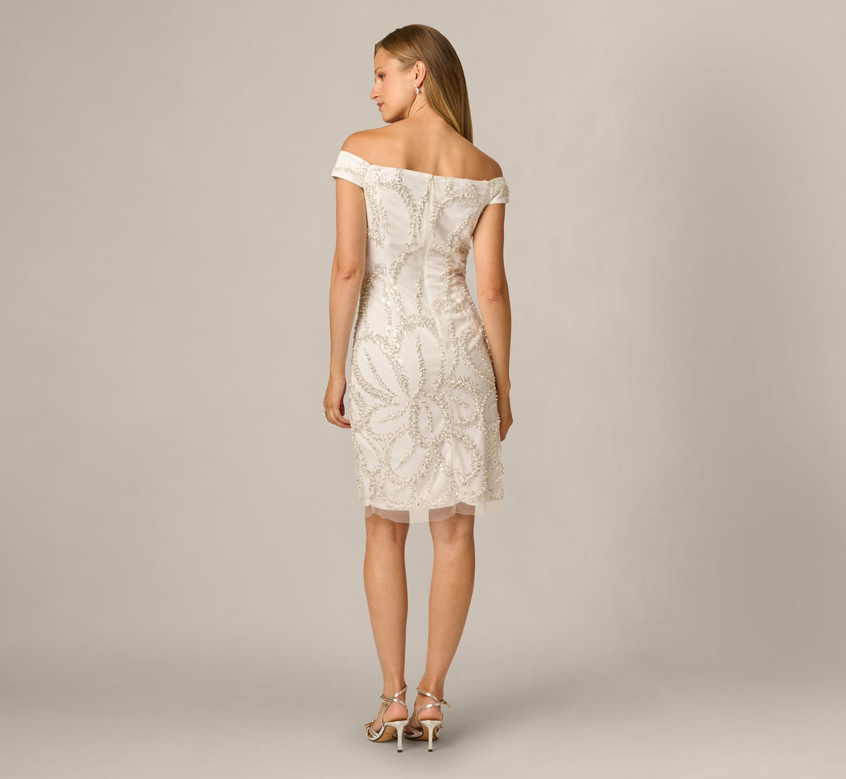 Off Shoulder Feather Pearly Sequin Beaded Sheath Dress - Ivory | Adrianna Papell
