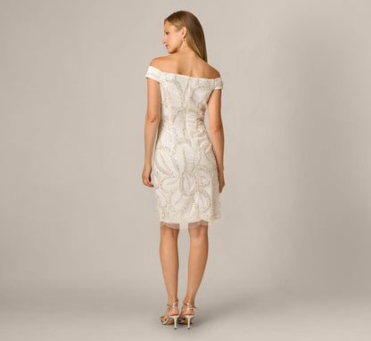 Off Shoulder Feather Pearly Sequin Beaded Sheath Dress - Ivory | Adrianna Papell