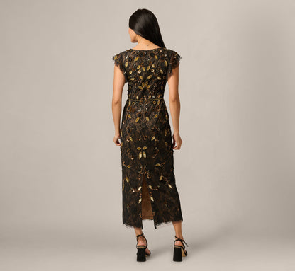 Flutter Sleeve Sequin Beaded Lace Ankle Length Dress - Black Gold | Adrianna Papell