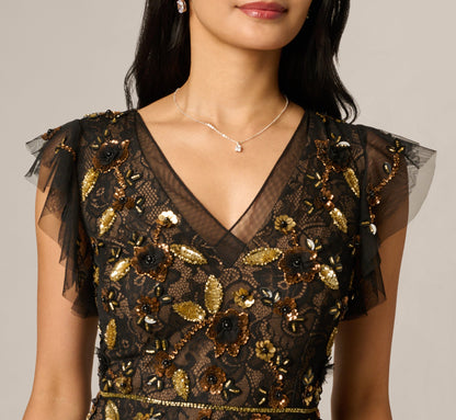 Flutter Sleeve Sequin Beaded Lace Ankle Length Dress - Black Gold | Adrianna Papell