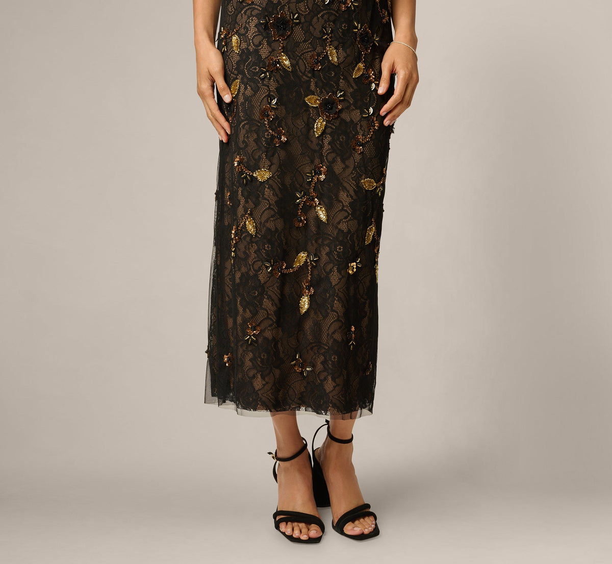 Flutter Sleeve Sequin Beaded Lace Ankle Length Dress - Black Gold | Adrianna Papell
