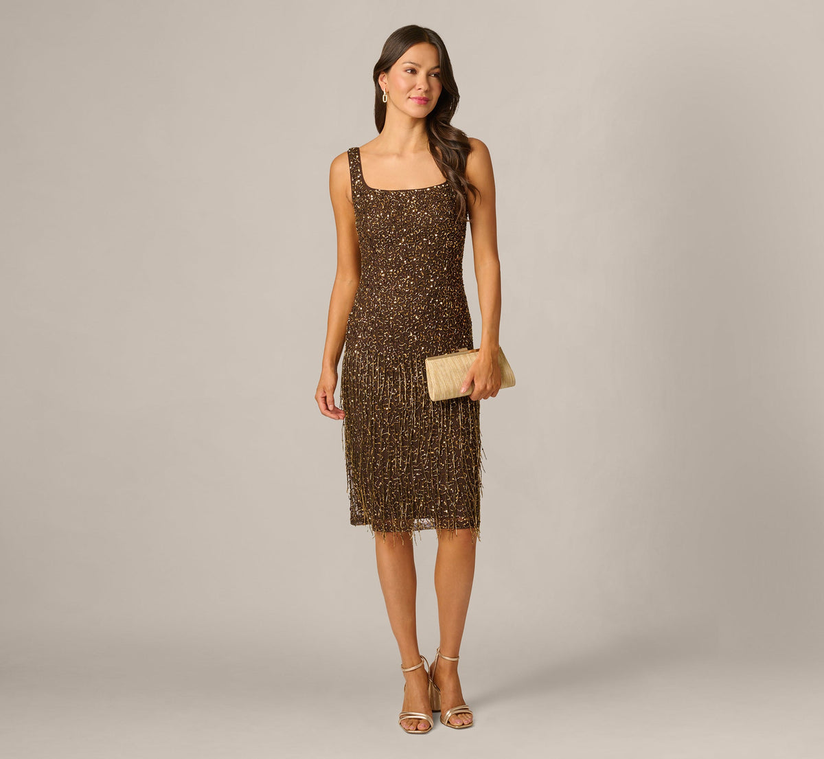 Square Neck Sequin Beaded Fringe Cocktail Dress - Chocolate | Adrianna Papell