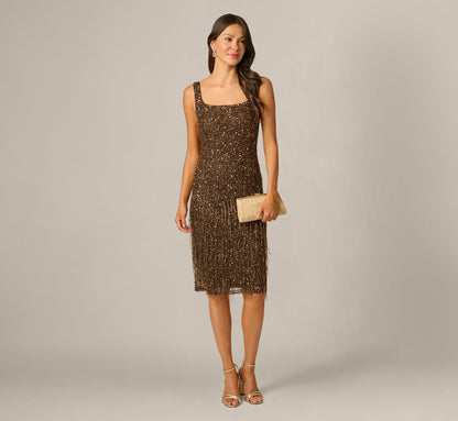 Square Neck Sequin Beaded Fringe Cocktail Dress - Chocolate | Adrianna Papell