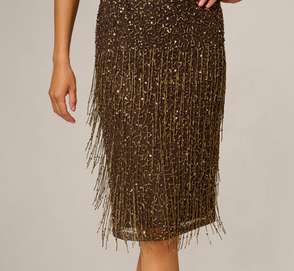 Square Neck Sequin Beaded Fringe Cocktail Dress - Chocolate | Adrianna Papell