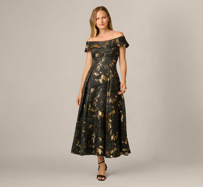 Off Shoulder Metallic Jacquard Midi Dress - Black Gold | Adrianna Papell