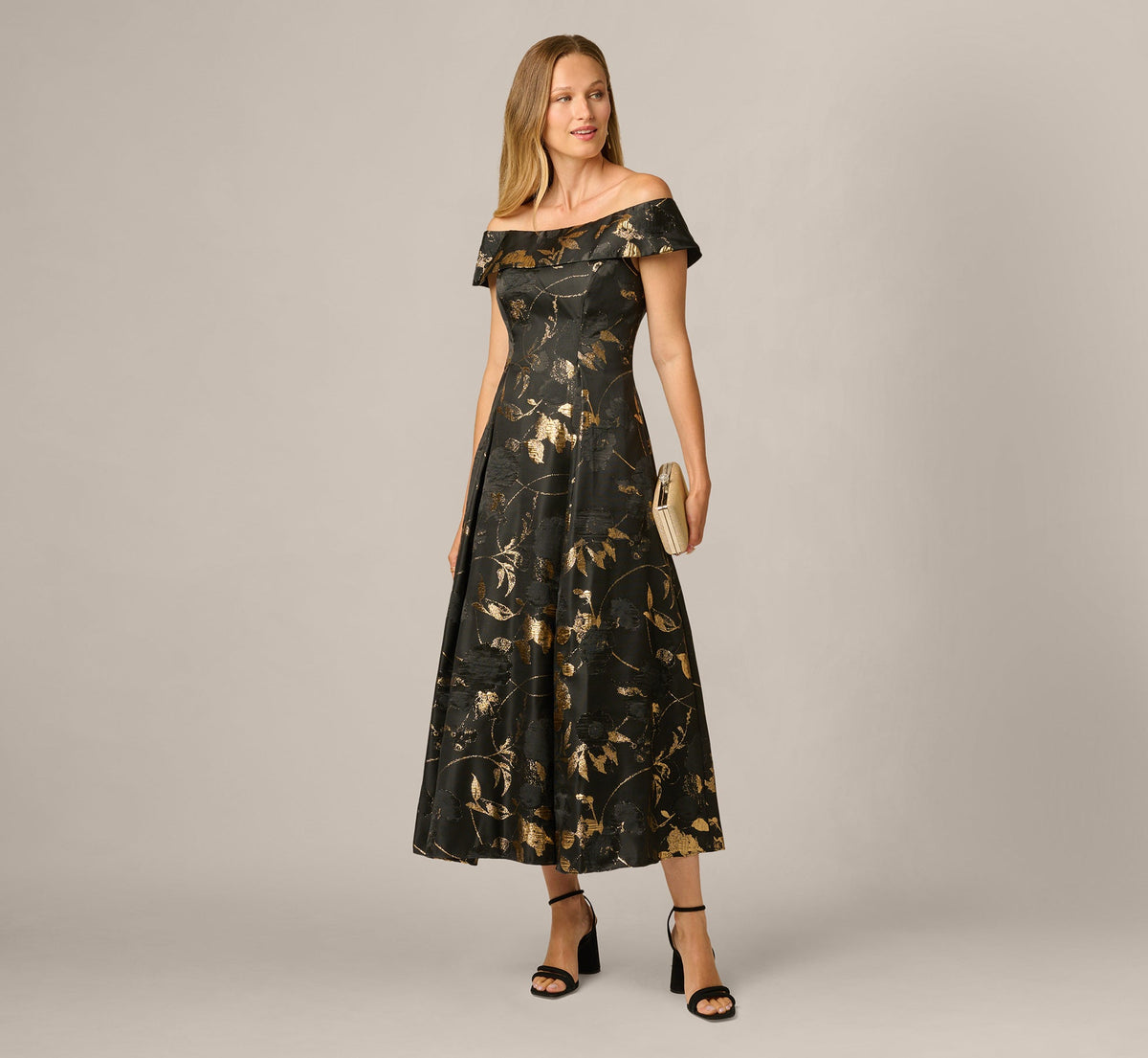 Off Shoulder Metallic Jacquard Midi Dress - Black Gold | Adrianna Papell