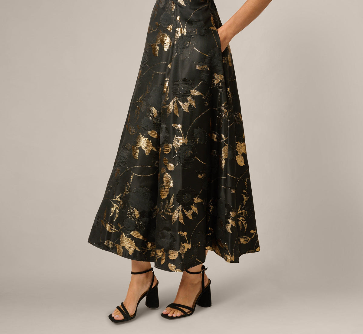 Off Shoulder Metallic Jacquard Midi Dress - Black Gold | Adrianna Papell