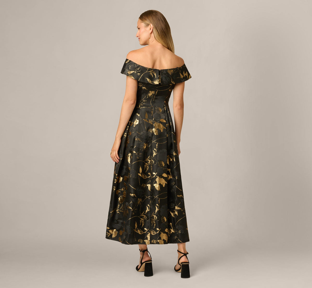 Off Shoulder Metallic Jacquard Midi Dress - Black Gold | Adrianna Papell
