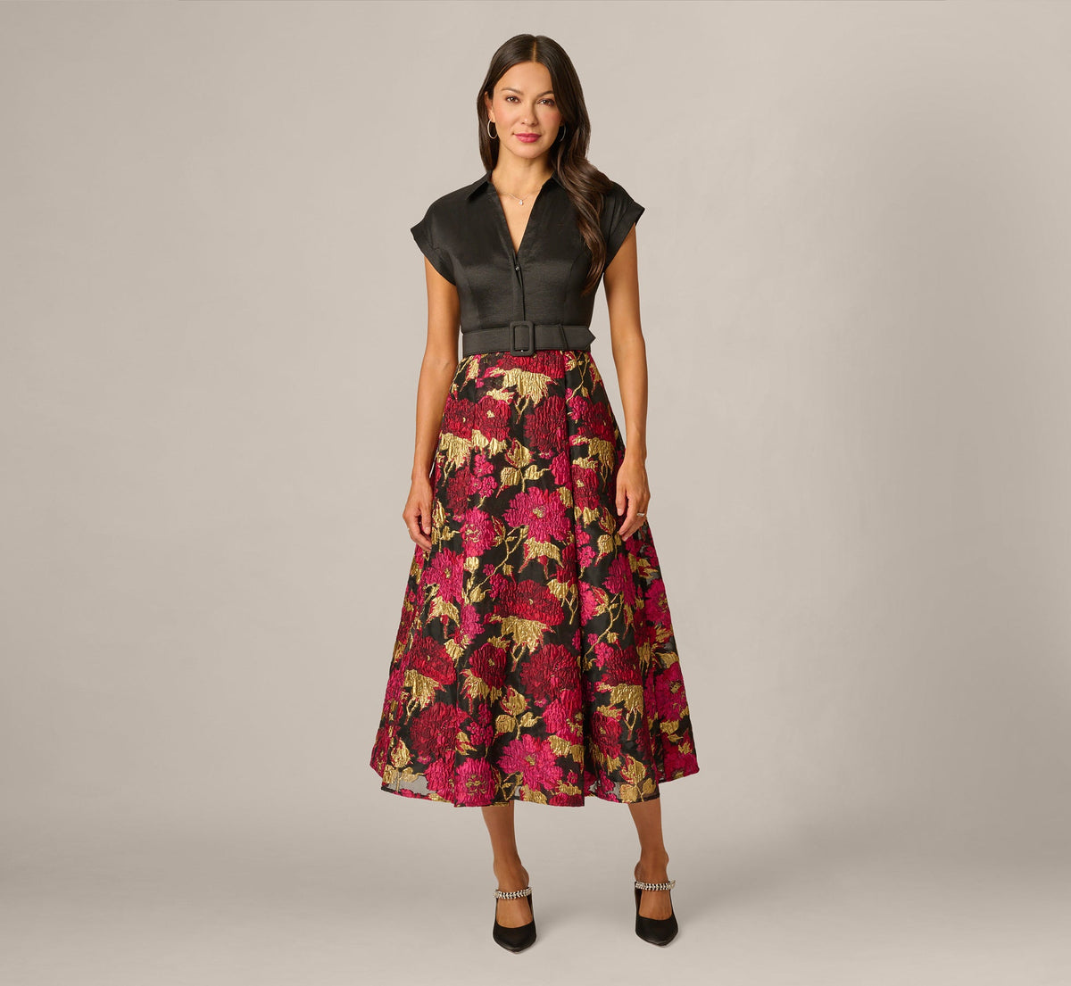 Cap Sleeve Taffeta Floral Jacquard Combo Dress - Black Pink Multi | Adrianna Papell