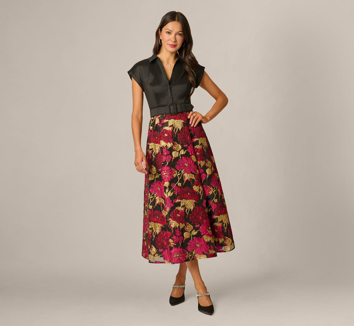 Cap Sleeve Taffeta Floral Jacquard Combo Dress - Black Pink Multi | Adrianna Papell